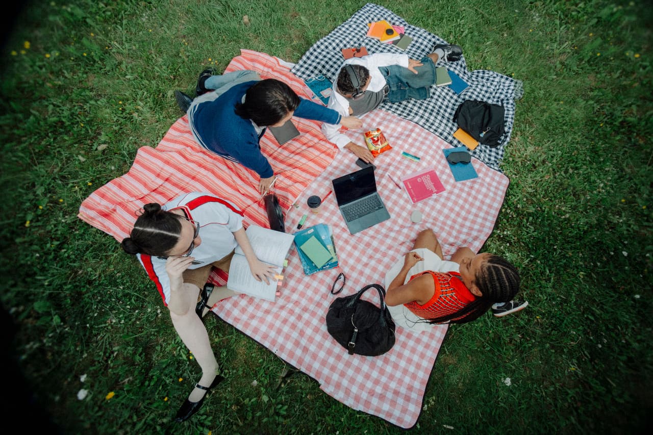 Friends studying and relaxing together on picnic blankets in a park